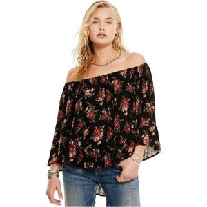 RALPH LAUREN DENIM & SUPPLY Black Red Floral Ruffle Blouse Top XS